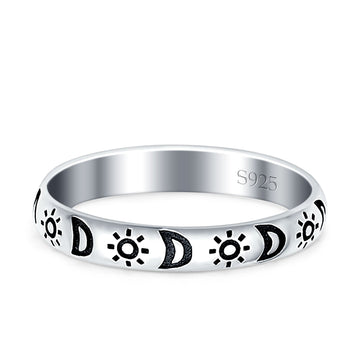 Moon & Stars Oxidized Band Solid 925 Sterling Silver Thumb Ring (3mm)